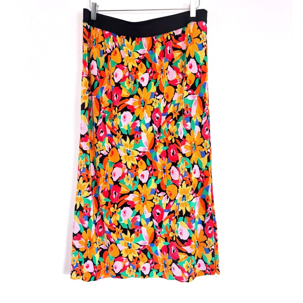 Papaya Multi-Color Floral Print Accordion Pleated Midi Skirt with Elastic Waist